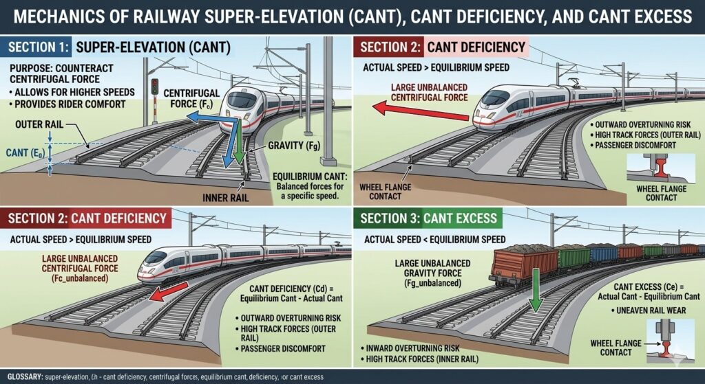 Science of Super-elevation, Cant Deficiency, and Cant Excess Mechanics